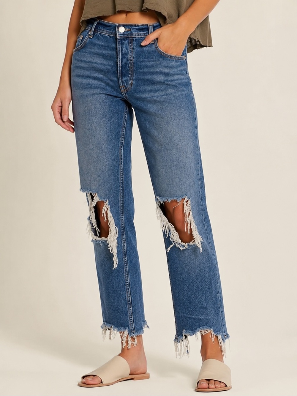 Free People We The Free Maggie Ripped Crop Straight Leg Jeans 30 Medium Wash